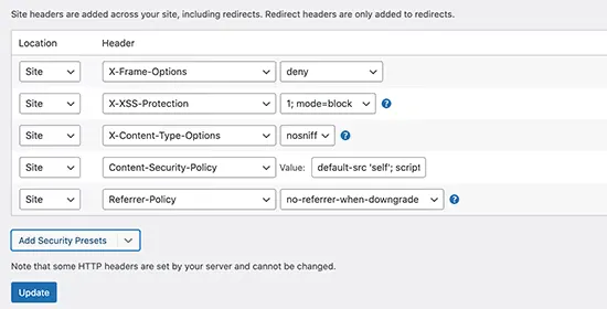 HTTP security header presets