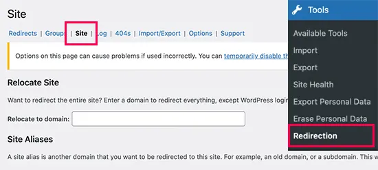Site settings in Redirection plugin