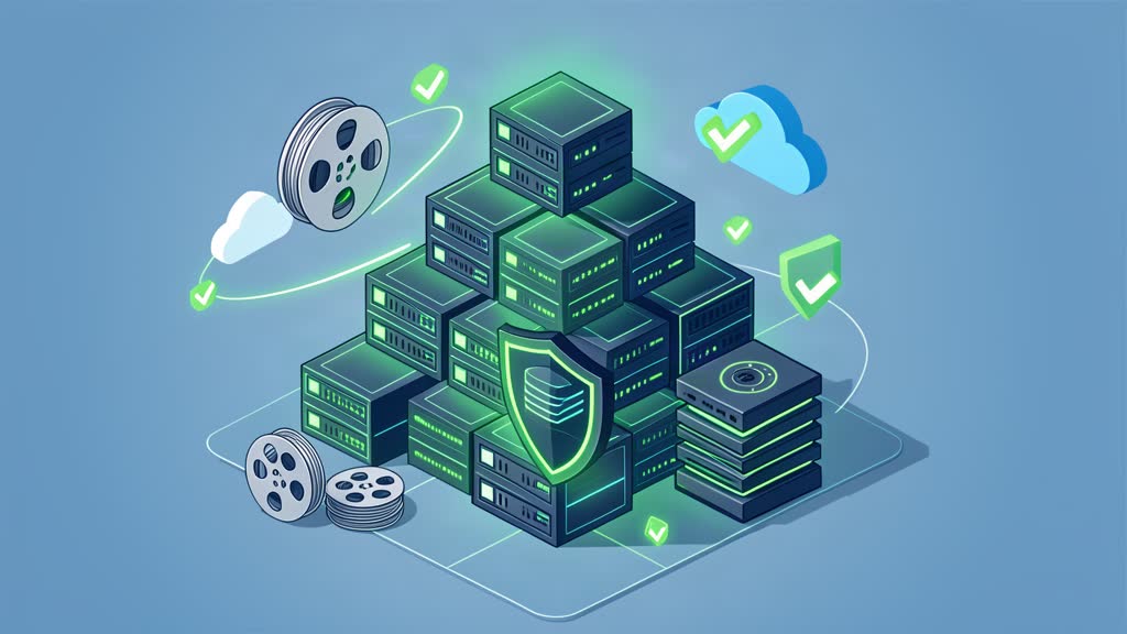 Isometric diagram of three storage media connected by data streams inside a protective triangle, representing the 3-2-1 backup strategy.