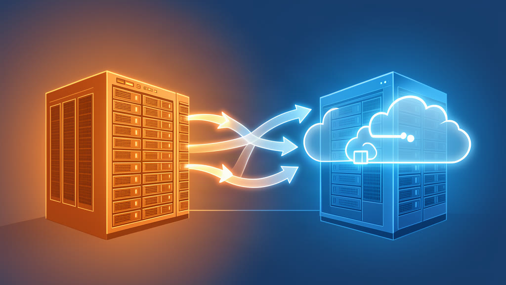 Physical data center and cloud service symbols linked by flowing data arrows, illustrating workload migration between on-premises and cloud environments.