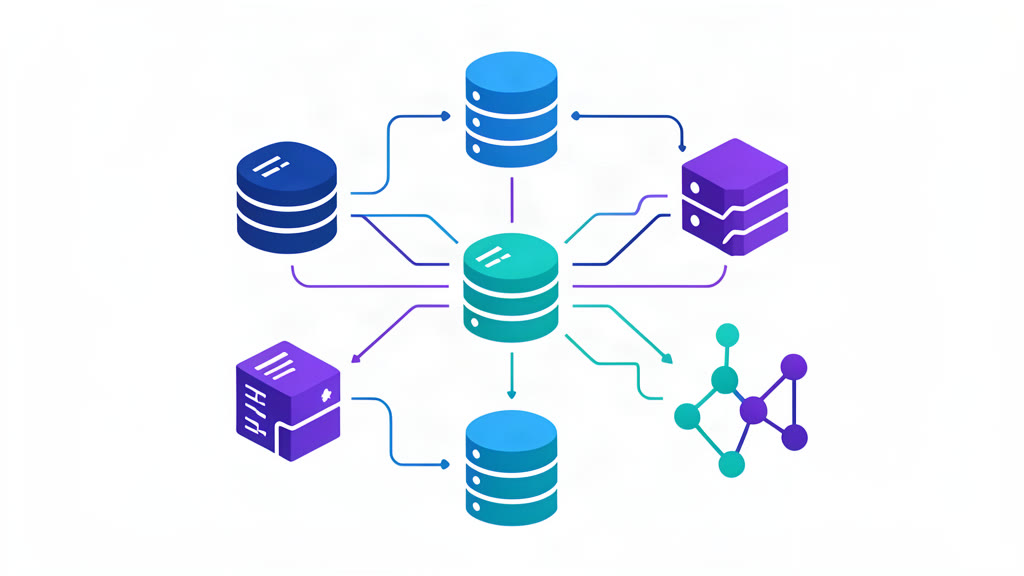 Hub-and-spoke layout of database symbols arranged for comparison, guiding selection of the right data store for a web application.