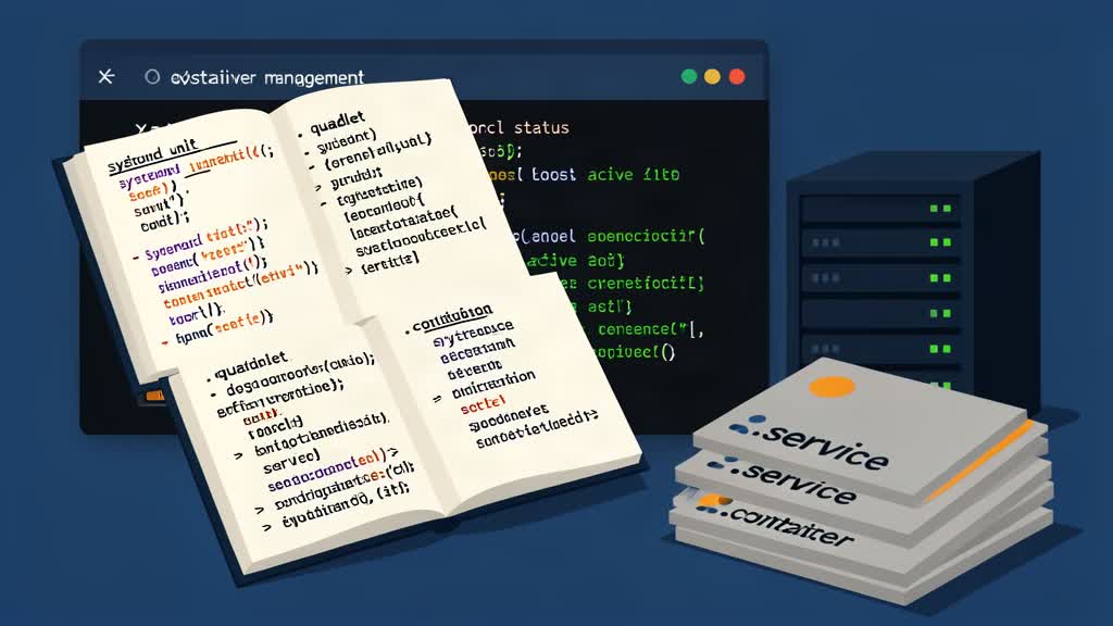 An editorial illustration of declarative container management showing systemd unit configuration files and Quadlet service definitions alongside server monitoring indicators, rendered in deep blues and warm terminal highlights.