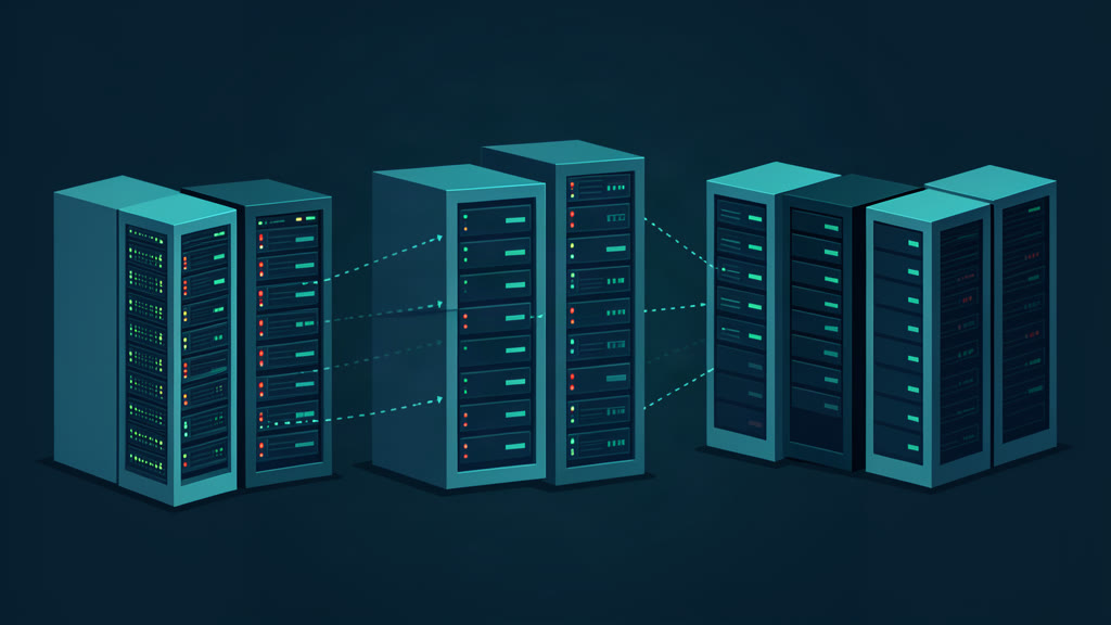 Abstract illustration of server racks diverging from uniform configuration, with teal connection lines and red-green status indicators showing drift between healthy and drifted nodes.