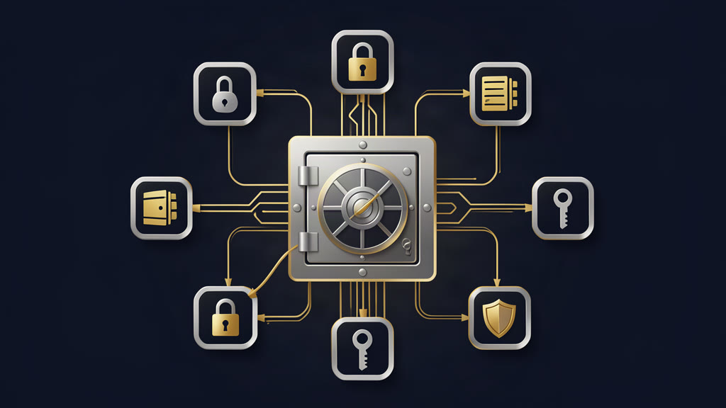 Central vault surrounded by orbiting padlocks, keys, and shield icons connected by circuit-trace lines, representing centralized secrets management.