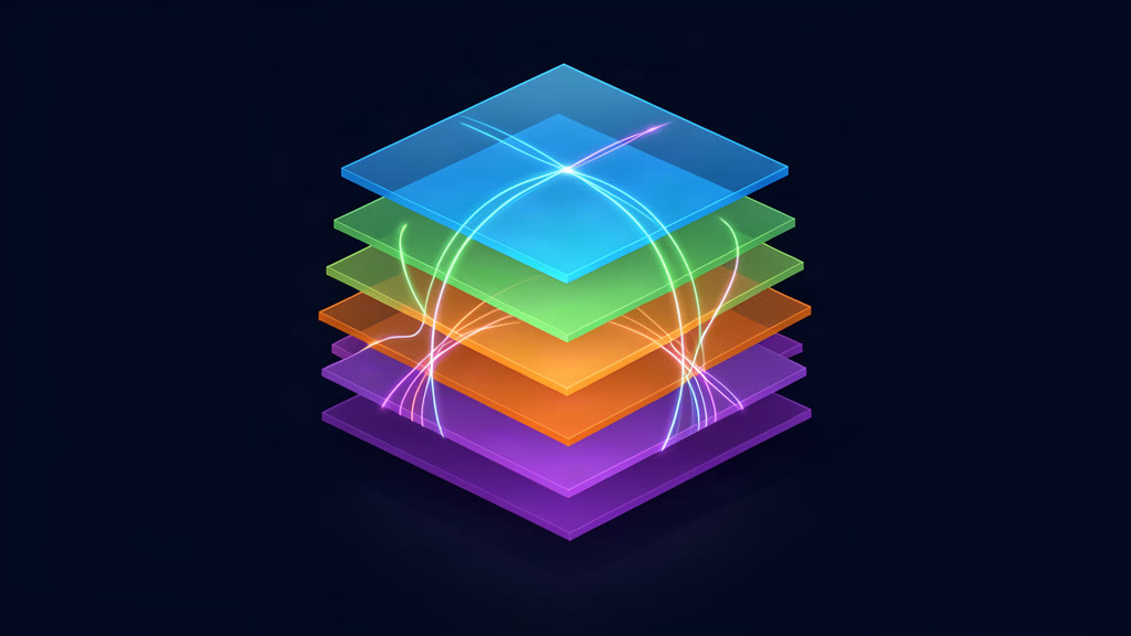 Stack of translucent layered blocks with fiber-optic connections weaving through them, visualizing Linux storage subsystem architecture decisions.