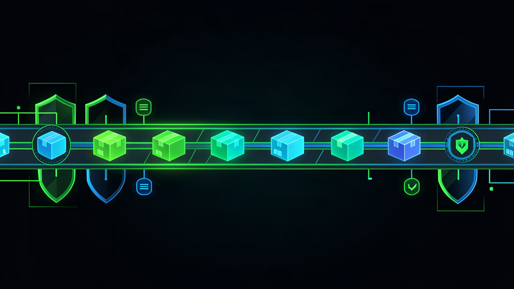 Conveyor pipeline with packages passing through security checkpoints guarded by shields, illustrating software supply chain verification.