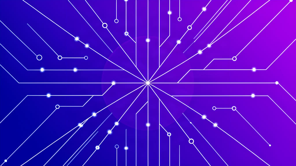 Abstract circuit-board traces converging toward a central point on a blue-purple gradient, evoking language evolution and new TypeScript features.