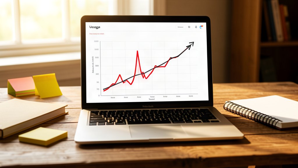 Desk with a laptop showing a rising usage graph, one highlighted spike, and a marker line drawn across it