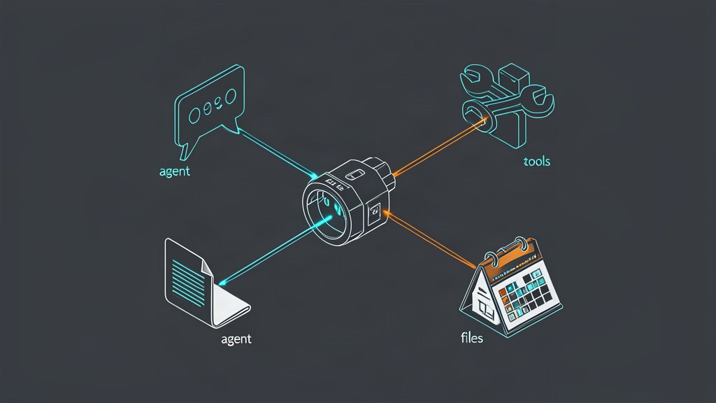 Blueprint diagram of a central protocol hub socket with four agent modules connected by thin glowing spokes