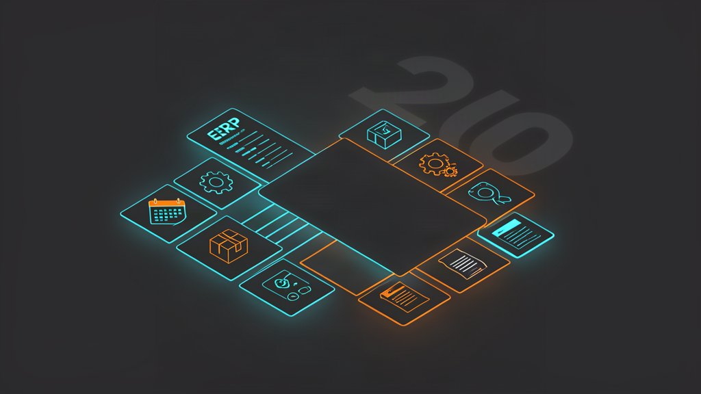 Isometric illustration of a modular ERP software dashboard glowing in cyan and orange on a dark background