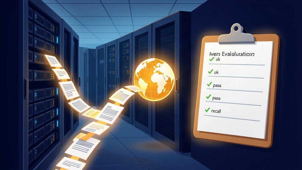 Server rack with document cards flowing into a glowing search index, beside an evaluation checklist with green checkmarks