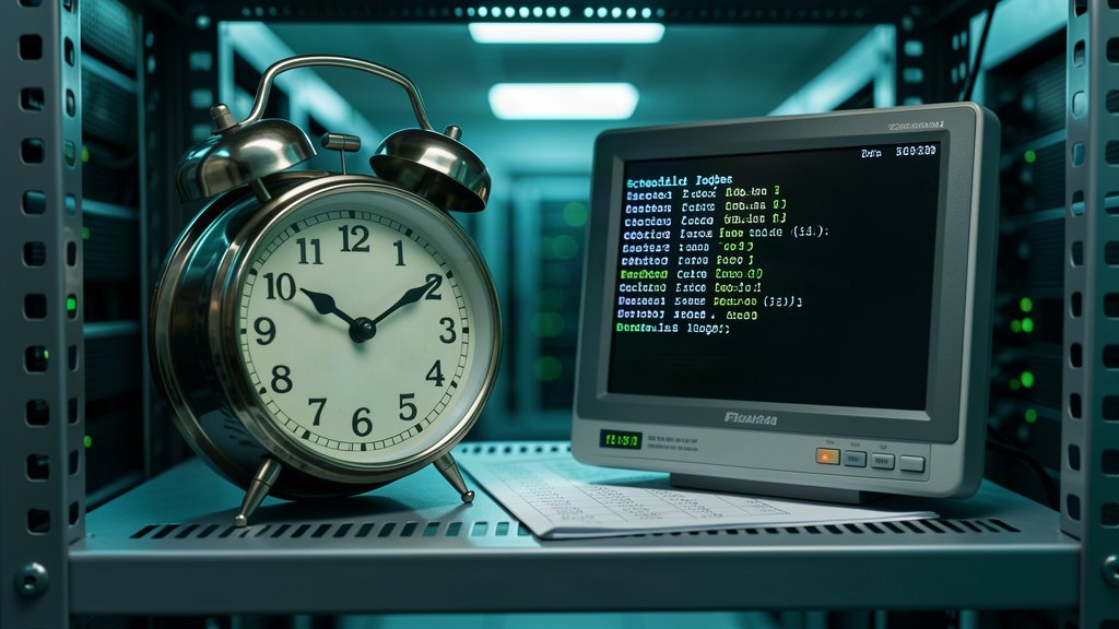 Alarm clock on a server rack beside a paper timetable and a terminal listing scheduled jobs