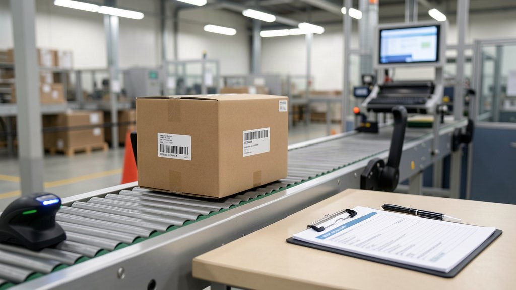 Conveyor checkpoint where a scanner reads a barcode label on a software package beside a clipboard checklist on a nearby table